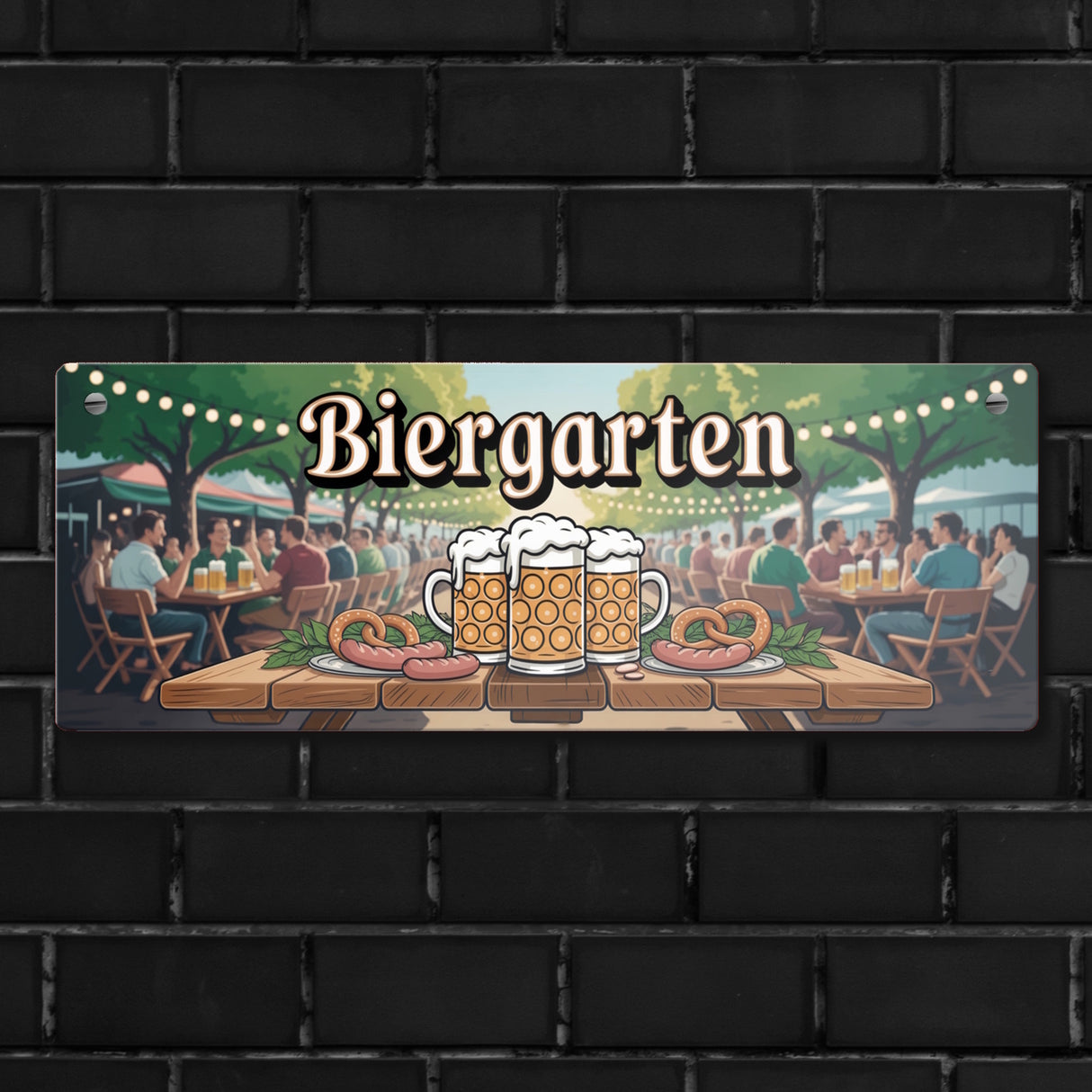 Biergarten Szene Metallschild Brezeln und Bierkrug