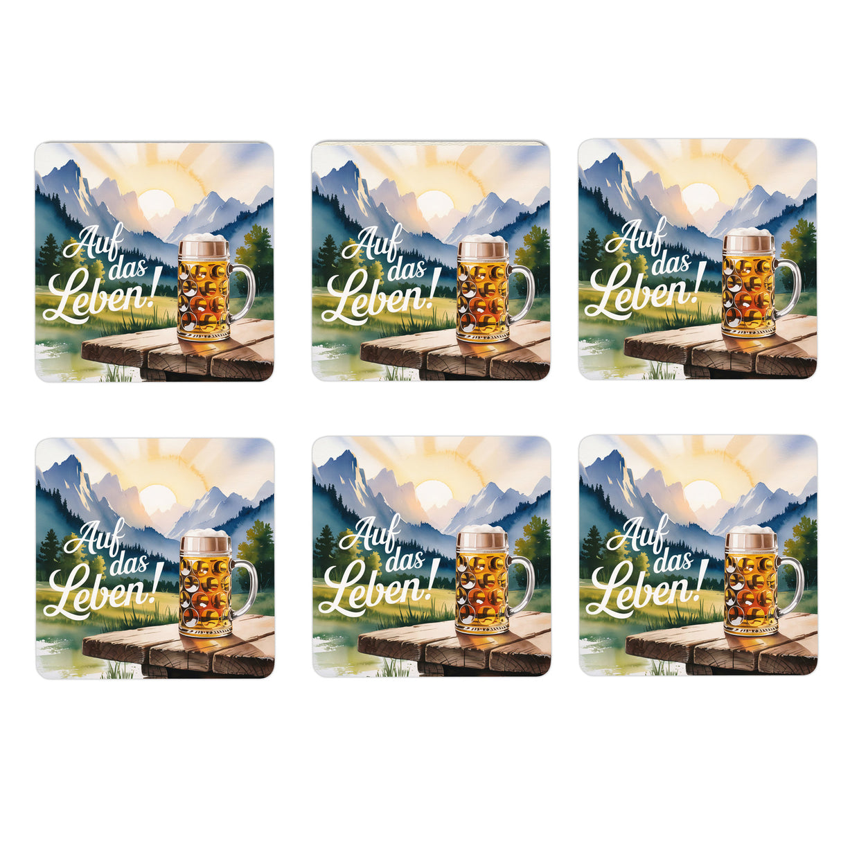 Allgäu Bierkrug 6er Set Untersetzer aus Holz - Auf das Leben!