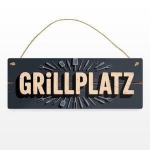 Grillplatz Metallschild mit Grillutensilien Vintage