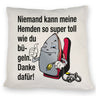 Lächelndes Bügeleisen Kissen mit Spruch: Niemand bügelt Hemden besser. Danke!