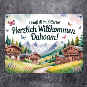 Griaß di im Zillertal Metallschild in 15x20 cm Tiroler Chalets