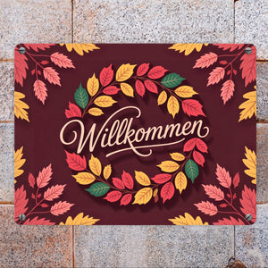 Willkommen Herbstlaub Kranz Metallschild in 15x20 cm