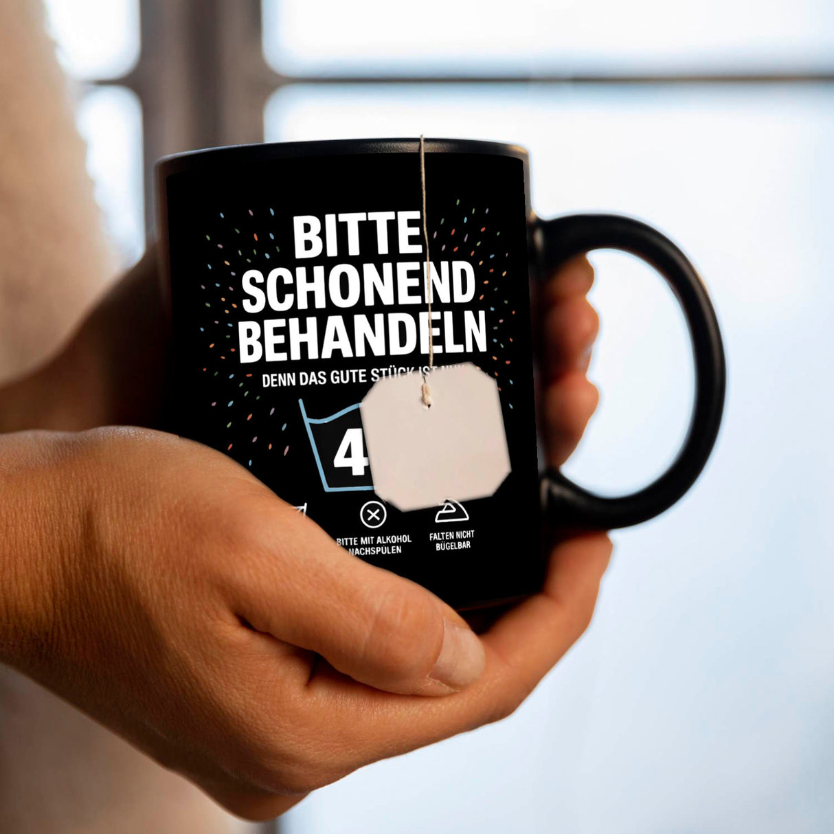 Wäschepflegeetikett Kaffeebecher bitte schonend behandeln wird 40