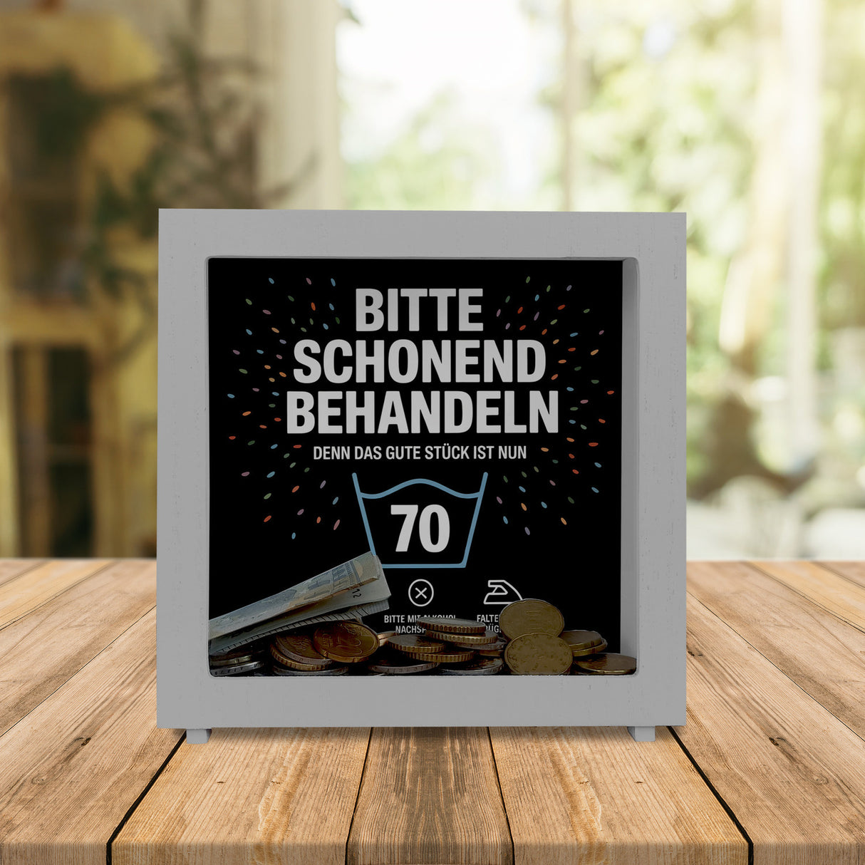 Wäschepflegeetikett Spardose bitte schonend behandeln wird 70