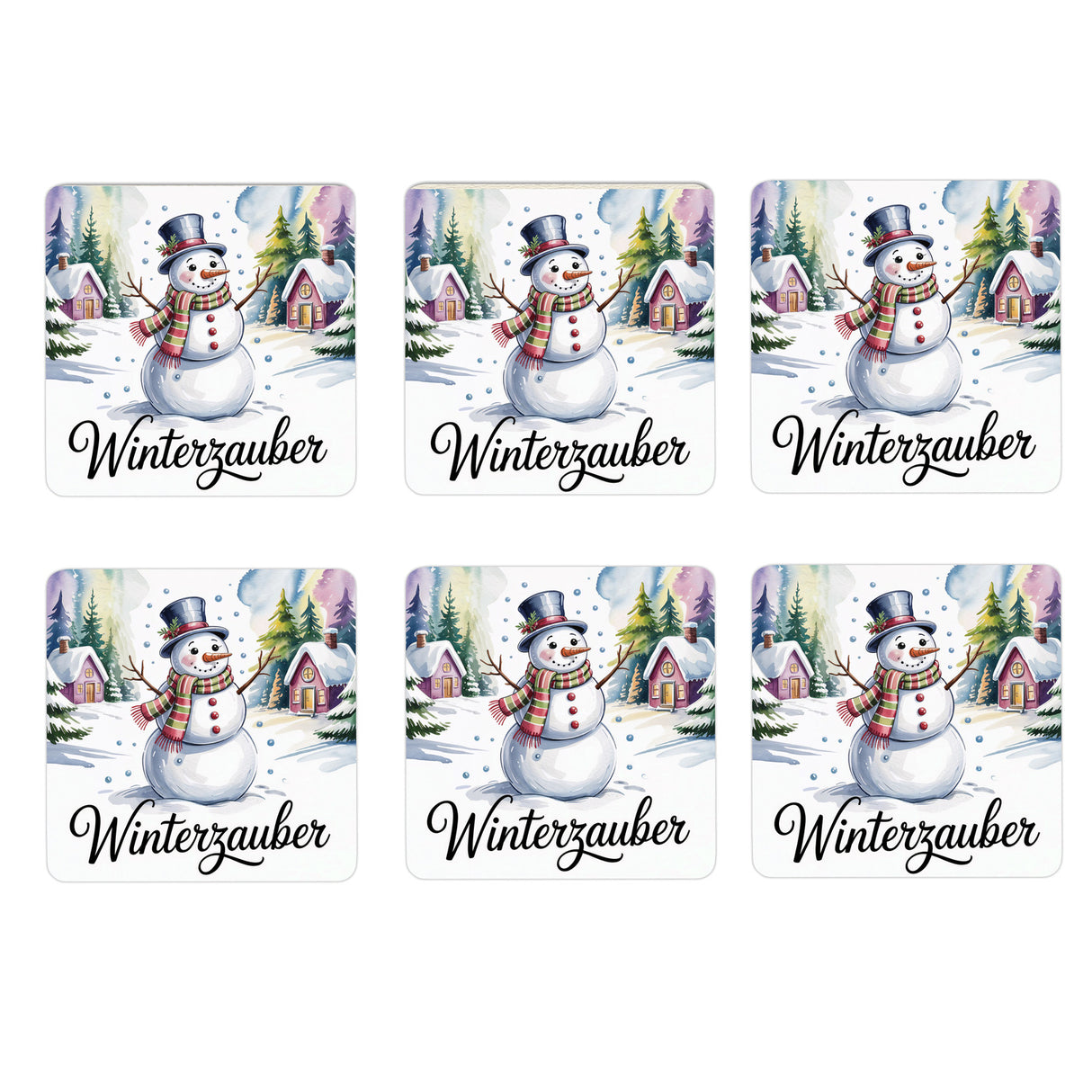 Weihnachten Schneemann 6er Set Untersetzer aus Holz - Winterzauber
