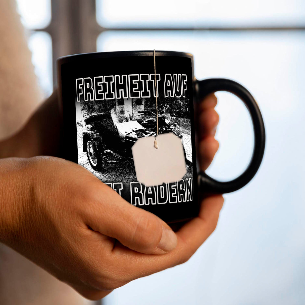 Oldtimermotorrad mit Beiwagen Tasse mit Spruch: Freiheit auf drei Rädern