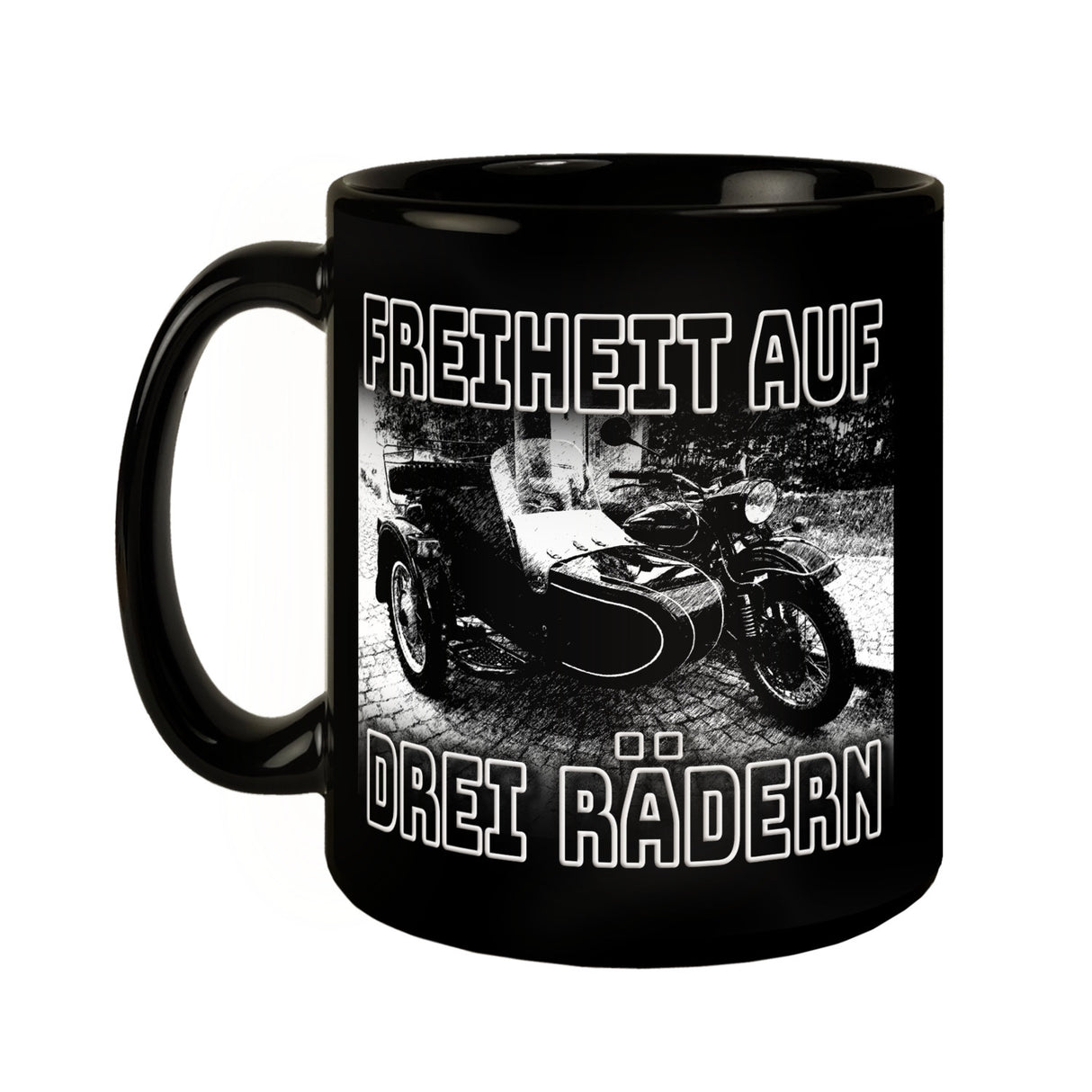 Oldtimermotorrad mit Beiwagen Tasse mit Spruch: Freiheit auf drei Rädern