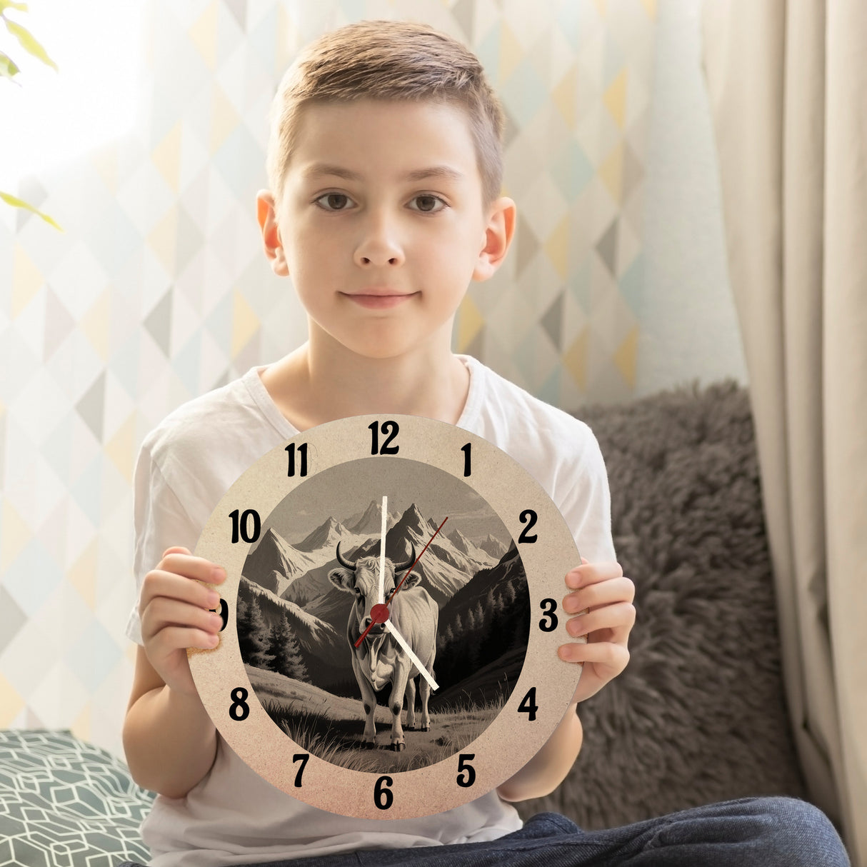 Kuh in den Bergen Wanduhr für Tier-Fans