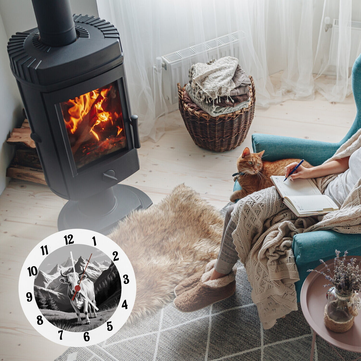 Kuh in den Bergen Wanduhr für Tier-Fans