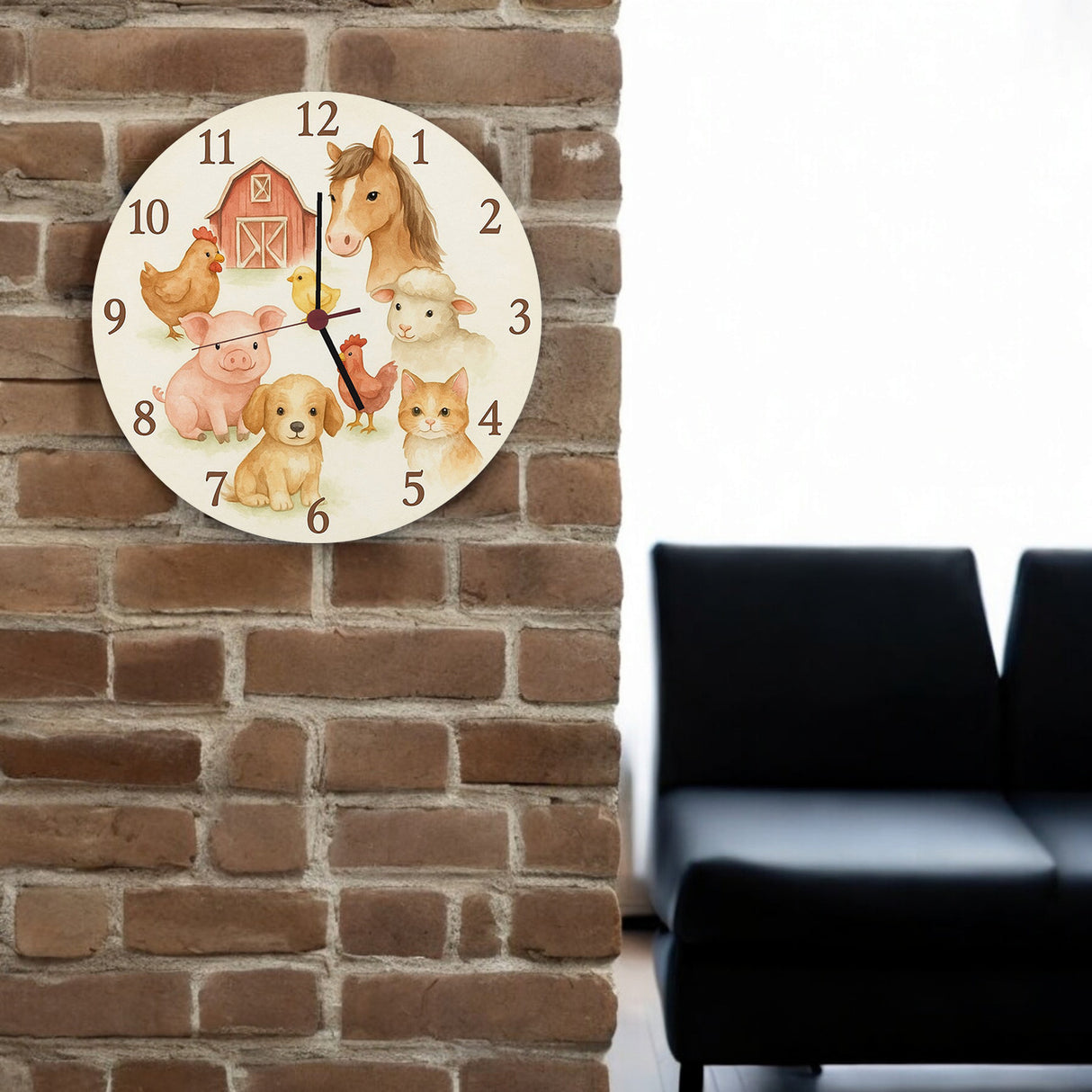 Bauernhoftiere Aquarellstil Wanduhr für Kinderzimmer