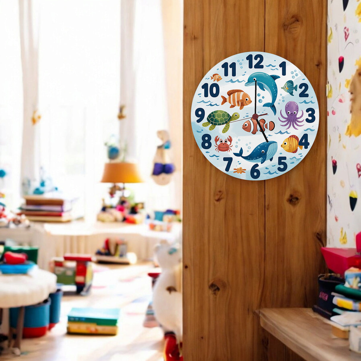 Meerestiere Aquarellstil Kinder Wanduhr
