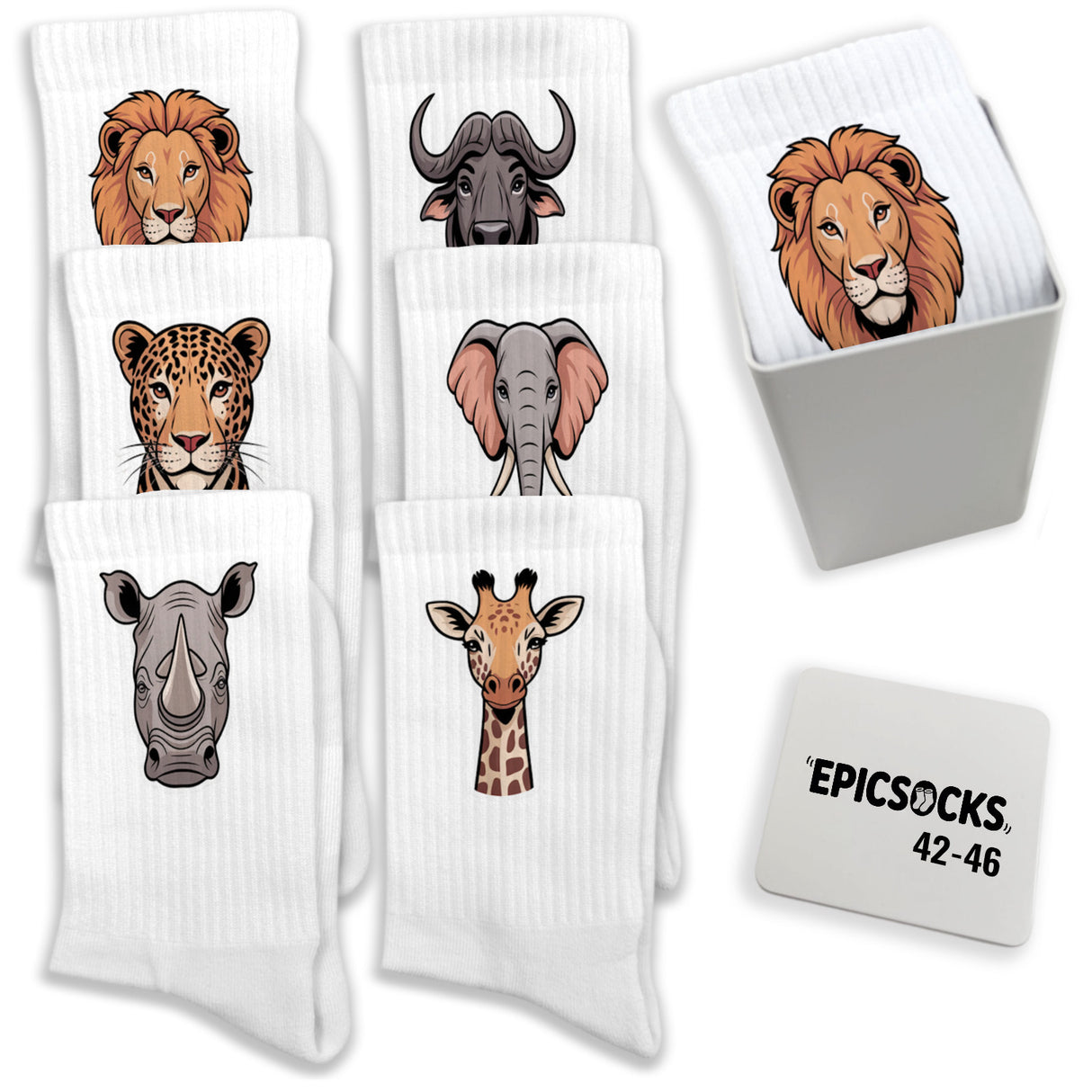 epicsocks Big Six Safari Socken in 37-41 im 6er Set in Geschenkdose im 6er Set in Geschenkbox