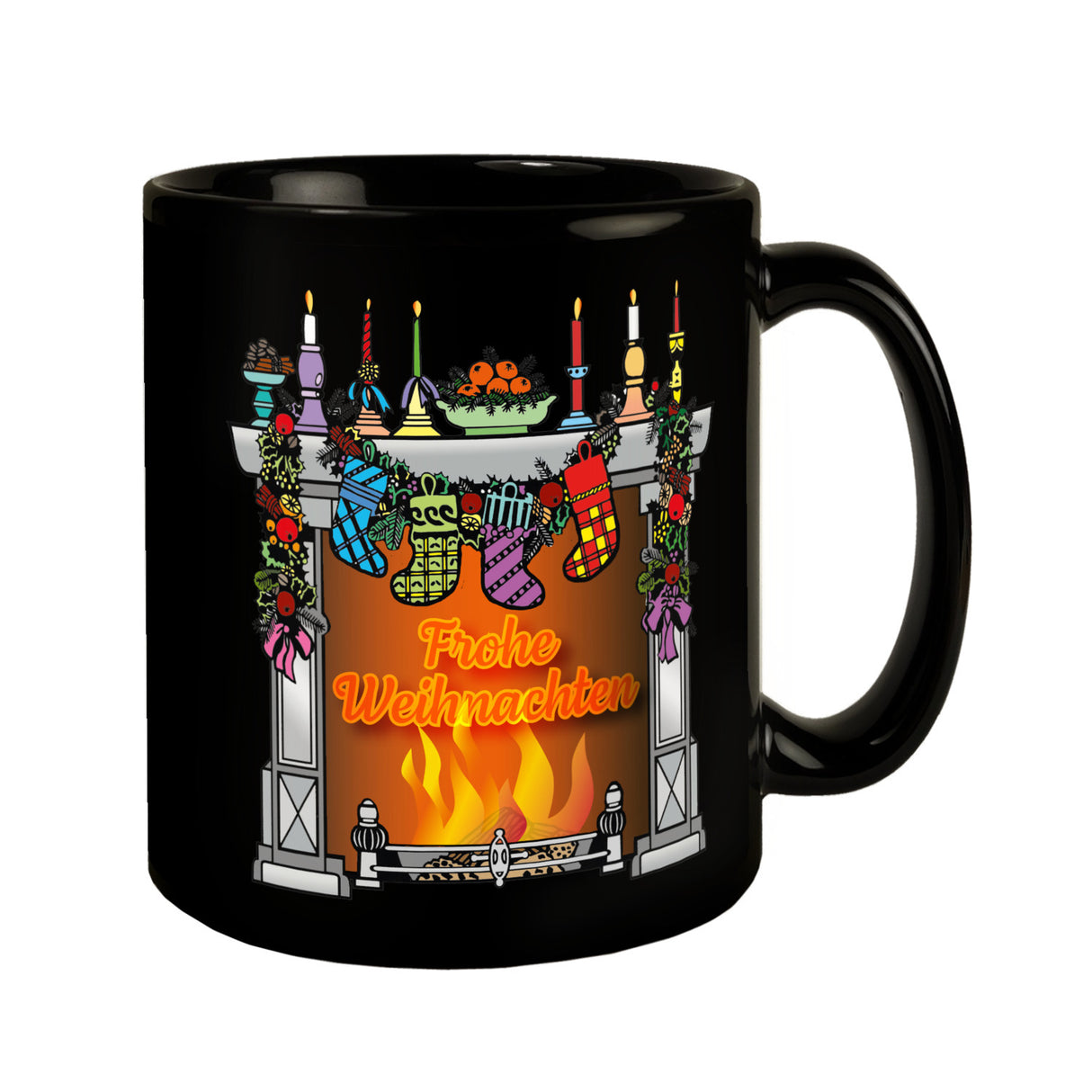 Weihnachtlicher Kamin Tasse in Schwarz mit Spruch Frohe Weihnachten