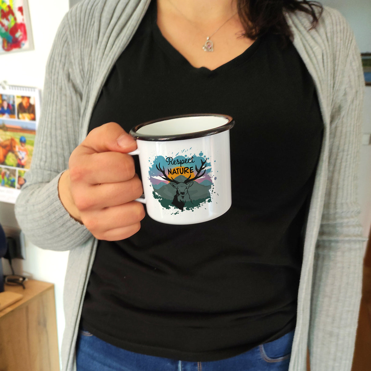 Hirschkopf Respect Nature Emaille Tasse für Naturliebhaber