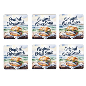Ostsee Fischbrötchen 6er Set Untersetzer aus Holz - Original Ostsee-Snack