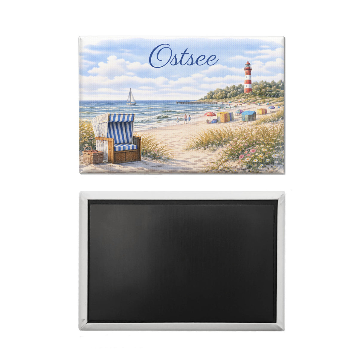 Strandszene Ostsee Souvenir Souvenir Magnet mit Leuchtturm und Strandkorb