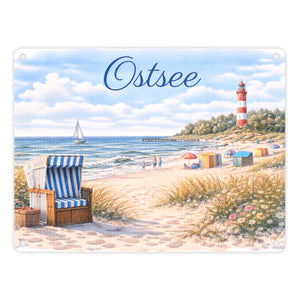 Strandszene Ostsee Metallschild in 15x20 cm mit Leuchtturm und Strandkorb