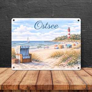Strandszene Ostsee Metallschild in 15x20 cm mit Leuchtturm und Strandkorb