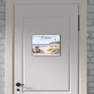 Strandszene Ostsee Metallschild in 15x20 cm mit Leuchtturm und Strandkorb