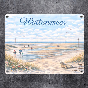 Wattenmeer Möwen Küstenszenario Metallschild in 15x20 cm