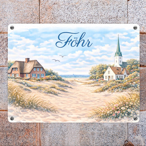 Küstenlandschaft Föhr Souvenir Metallschild in 15x20 cm mit Kirche