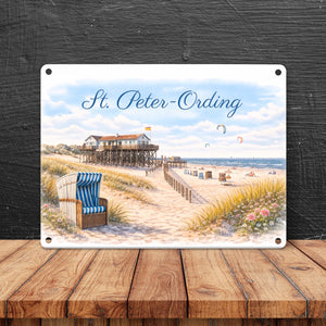 St. Peter-Ording Metallschild in 15x20 cm Strandkorb