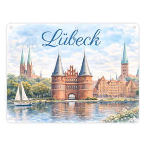 Lübeck Stadtansicht Metallschild in 15x20 cm mit Backsteintor