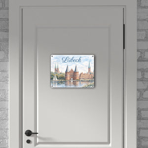 Lübeck Stadtansicht Metallschild in 15x20 cm mit Backsteintor