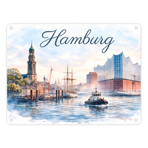 Hamburg Stadt Hafenszene Metallschild in 15x20 cm mit Schriftzug
