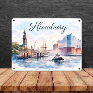 Hamburg Stadt Hafenszene Metallschild in 15x20 cm mit Schriftzug