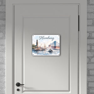 Hamburg Stadt Hafenszene Metallschild in 15x20 cm mit Schriftzug