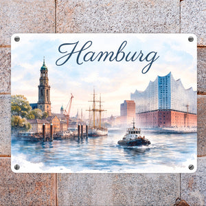 Hamburg Stadt Hafenszene Metallschild in 15x20 cm mit Schriftzug