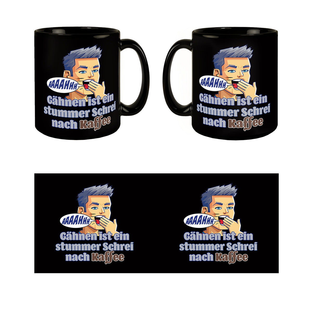 Müder Mann Tasse in Schwarz mit Spruch: stummer Schrei nach Kaffee