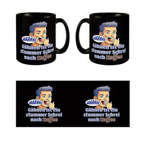 Müder Mann Tasse in Schwarz mit Spruch: stummer Schrei nach Kaffee