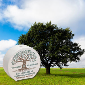 Baum mit Wurzeln Spardose mit Spruch: Freundschaft wächst durch tiefe Wurzeln