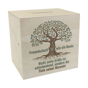 Baum mit Wurzeln Spardose mit Spruch: Freundschaft wächst durch tiefe Wurzeln