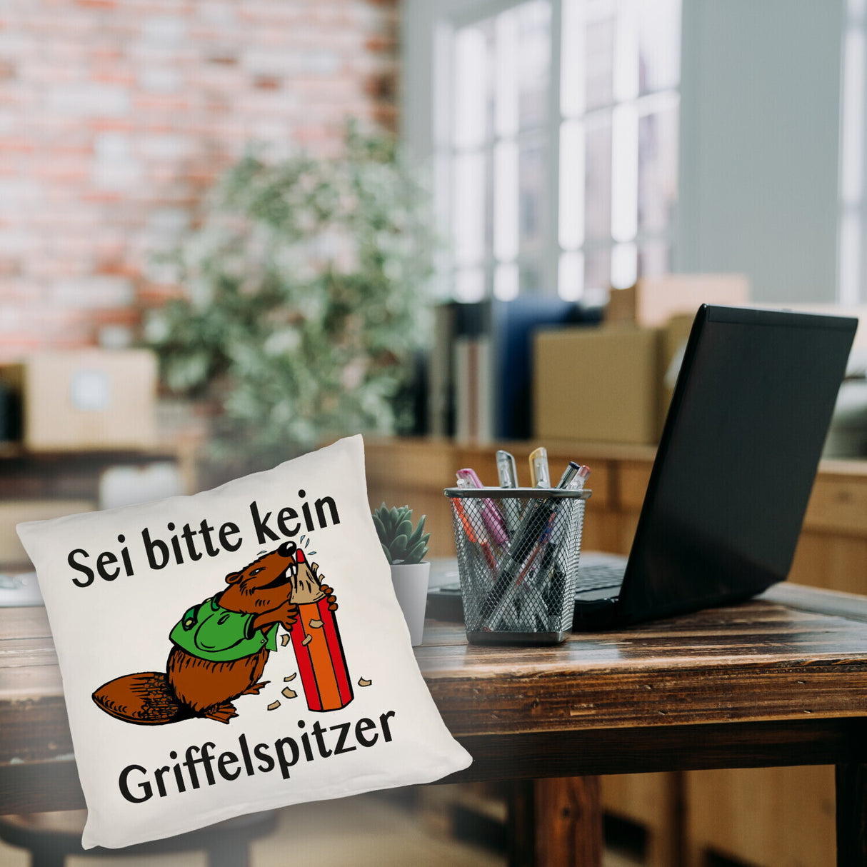 Biber Kissen mit Spruch: Sei kein Griffelspitzer