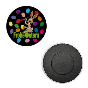 Osterhase Magnet rund mit Spruch: Frohe Ostern