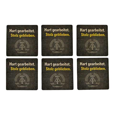 DDR-Stolz 6er Set Untersetzer aus Holz - Hart gearbeitet. Stolz geblieben.