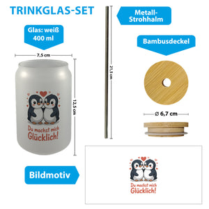 Kawaii Pinguine - Du machst mich glücklich Trinkglas mit Bambusdeckel