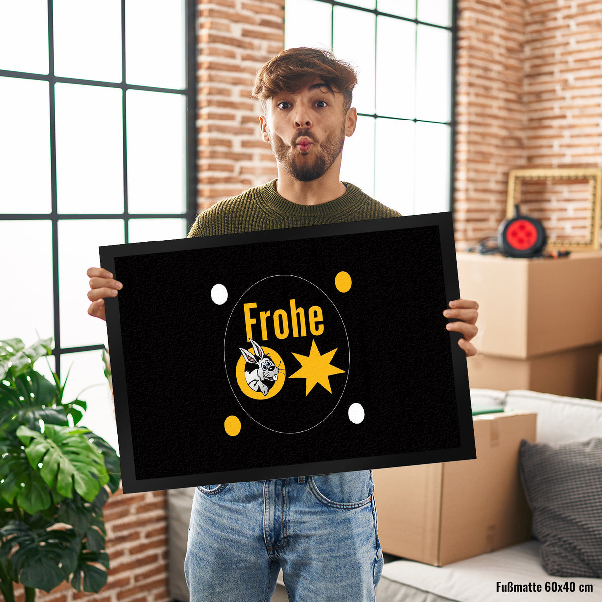 Osterhase Fußmatte in 35x50 cm mit Spruch: Frohe Ostern