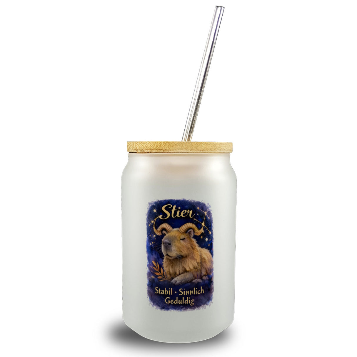 Sternzeichen Stier Trinkglas mit Bambusdeckel Capybara