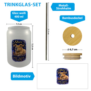 Sternzeichen Stier Trinkglas mit Bambusdeckel Capybara