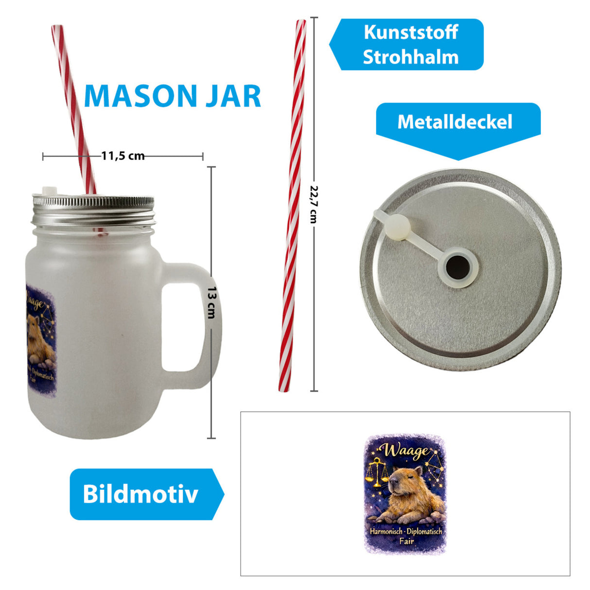Waage Sternzeichen Cabybara Trinkglas mit Bambusdeckel für Astrologie Fans