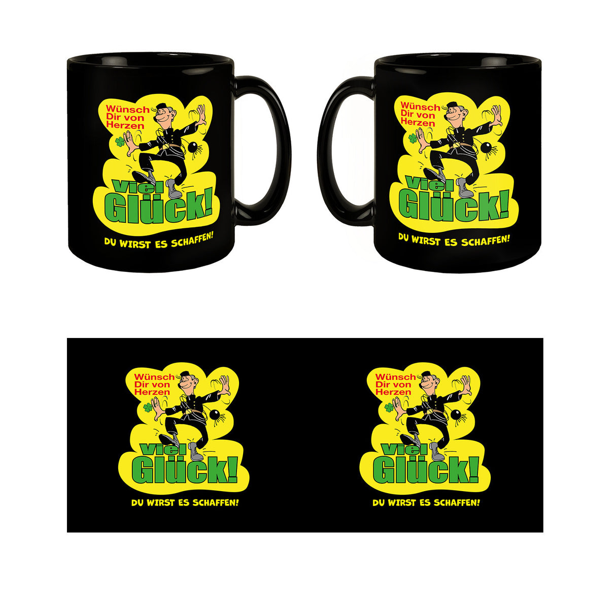 Kaminfeger Tasse in Schwarz mit Spruch: Viel Glück! Du schaffst es!