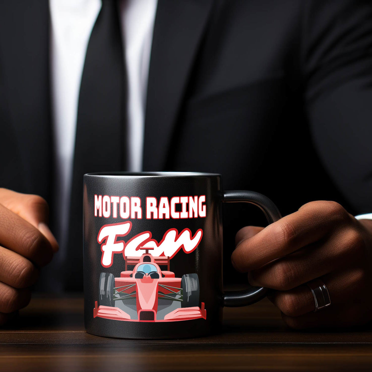 Sportwagen Tasse in Schwarz mit Spruch: Motor Racing Fan