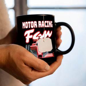 Sportwagen Tasse in Schwarz mit Spruch: Motor Racing Fan