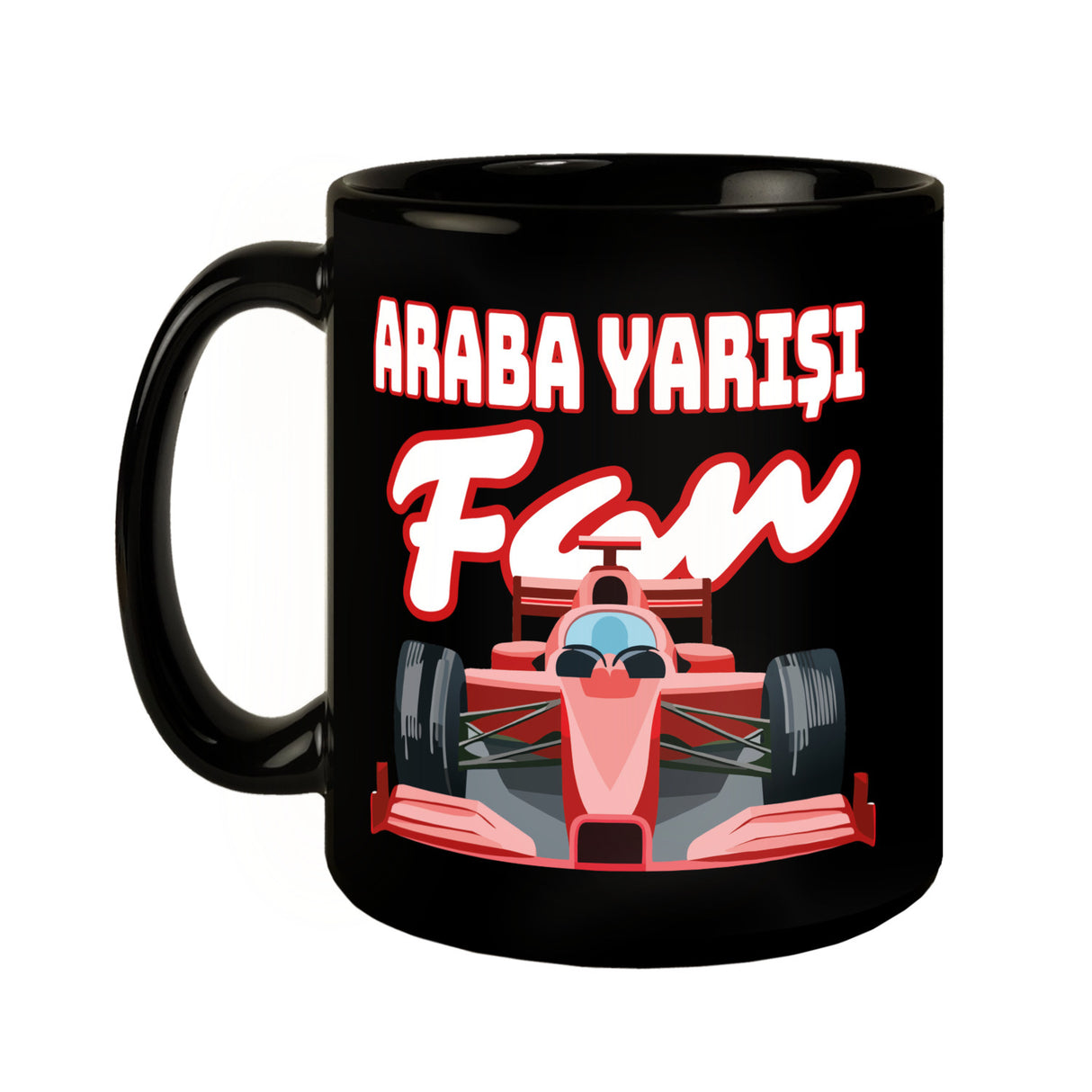 Sportwagen Tasse in Schwarz mit Spruch: Araba Yarisi Fan