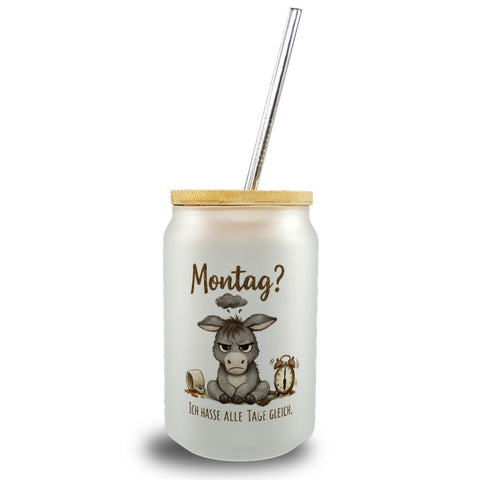 Eddi Esel Ich hasse alle Tage Trinkglas mit Bambusdeckel mit Spruch Montag