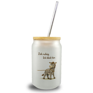 Eddi Esel Zieh ruhig Ich bleib hier Trinkglas mit Bambusdeckel für Eselfans